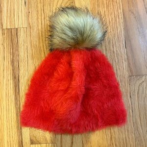 Anthropologie Red and Tan Pom Winter Hat